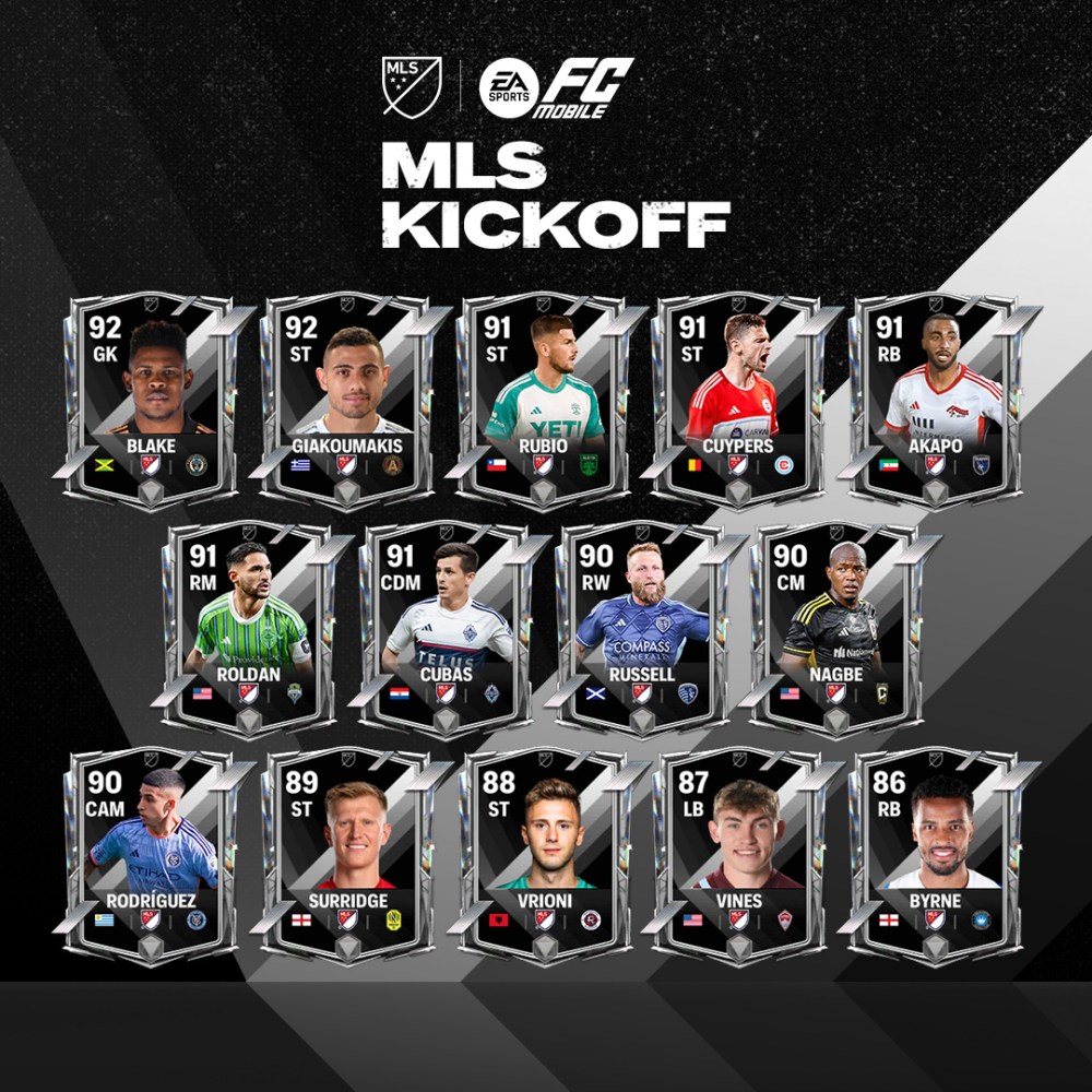 MLS Kickoff cards including Blake, Rubio, Roldan, Cuypers, and Surridge. 