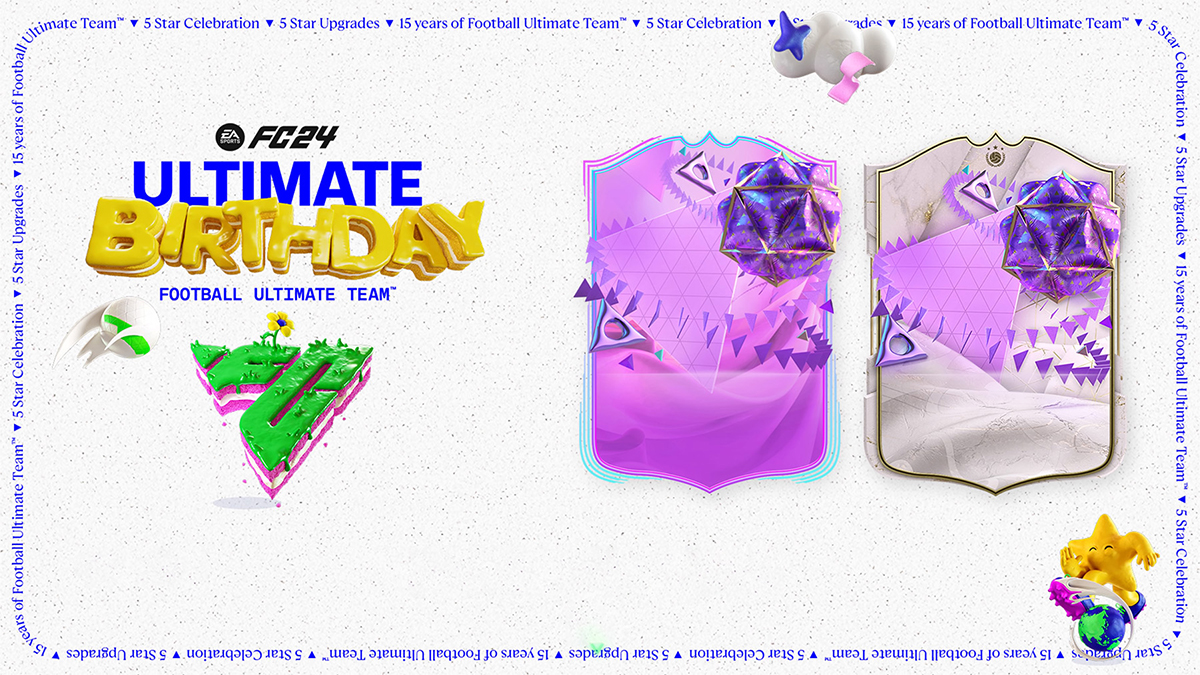 A white screen with "Ultimate Birthday" written on it, with two FUT cards.