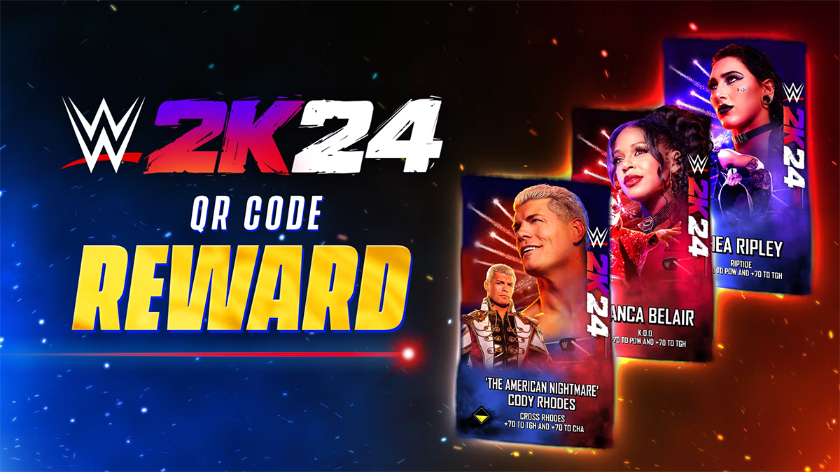 The WWE 2K24 logo, with Cody Rhodes, Bianca Belair, and Rhea Ripley pro cards.