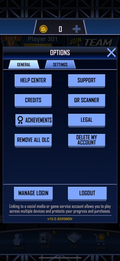 A screenshot of the WWE Supercard options, including the Help Center, Support, Credits, Achivements, and QR Scanner. 