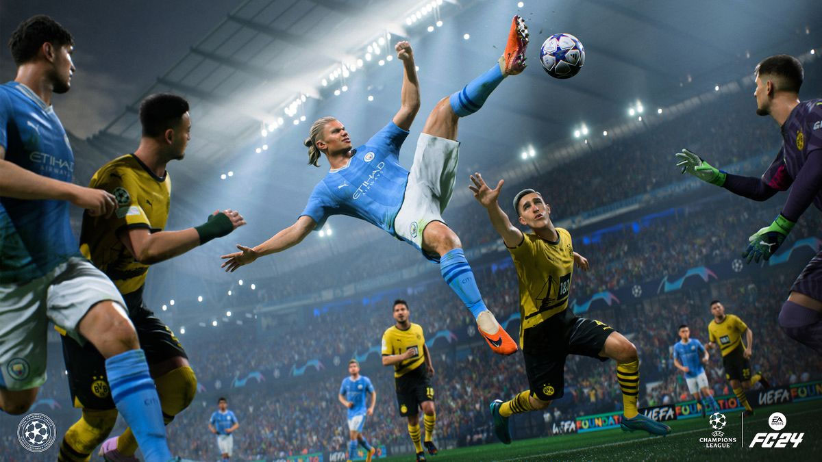 Erling Haaland jumping at a ball against Borussia Dortmund
