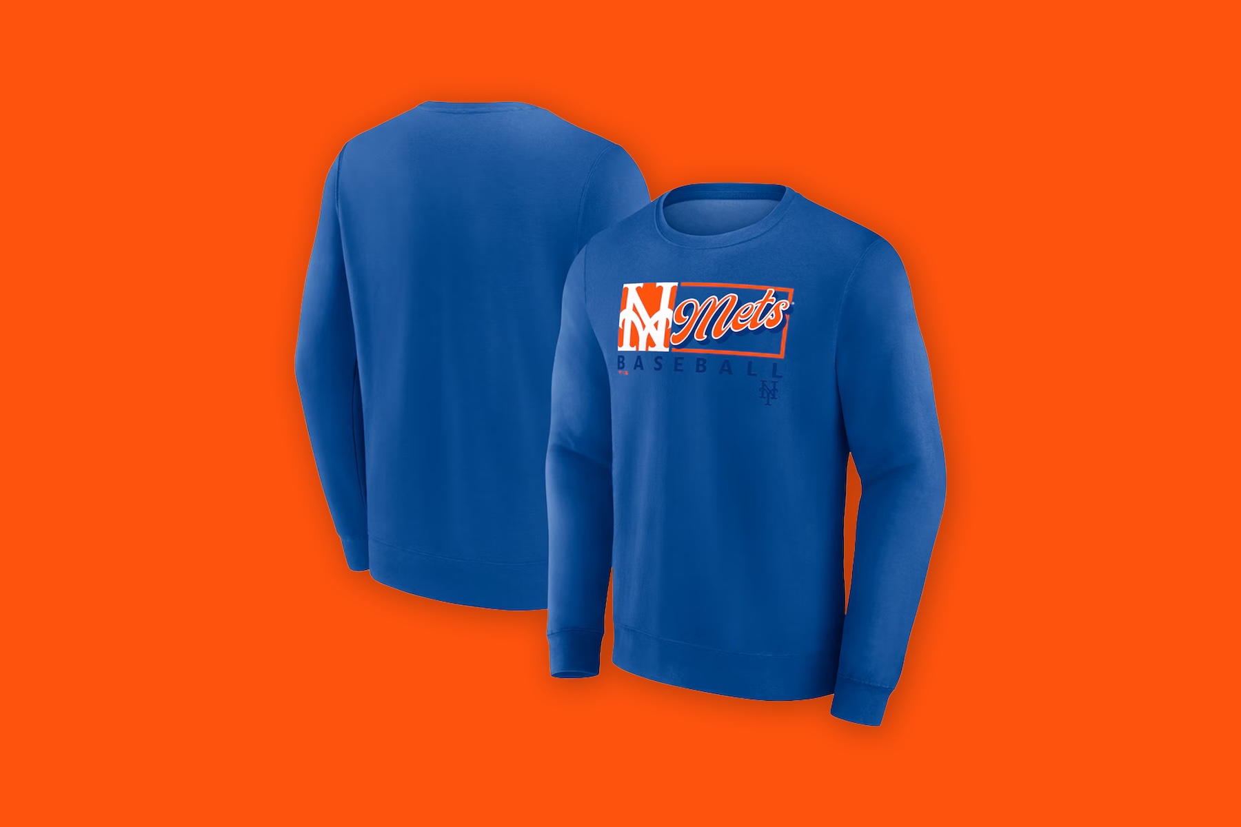 The NY Mets Fanatics fleece pullover sweatshirt in blue against an orange background.