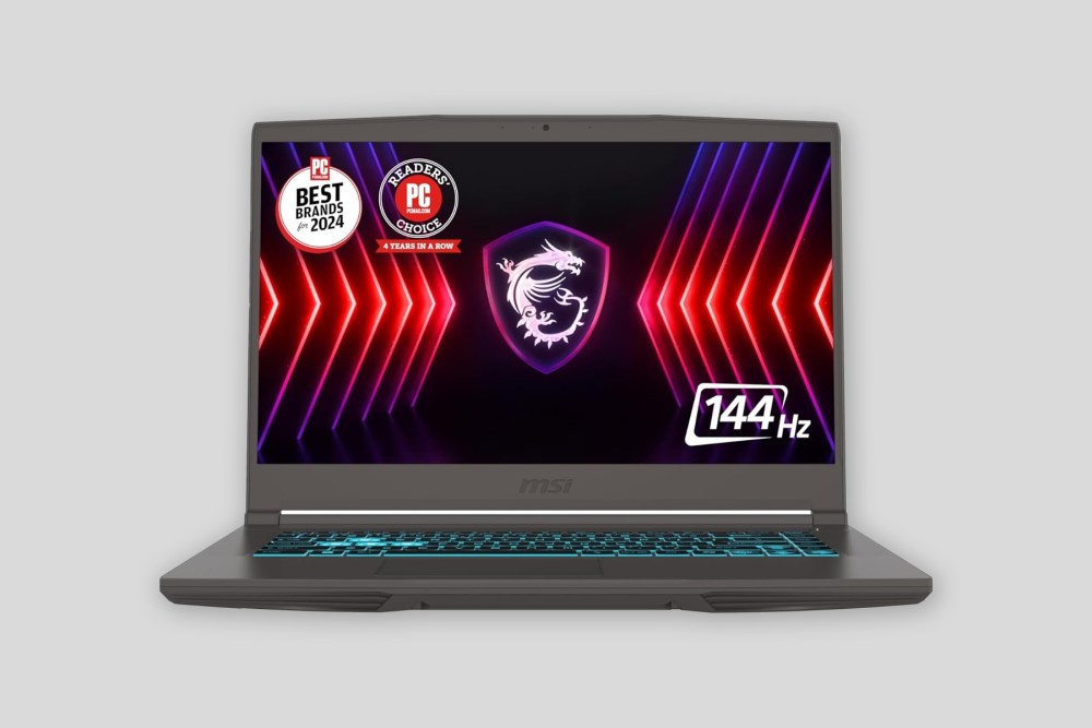 A front angle view of the MSI Thin 15 gaming laptop against a light gray background.