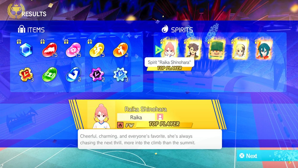 A set of post-match spirit rewards in Inazuma Eleven Victory Road.