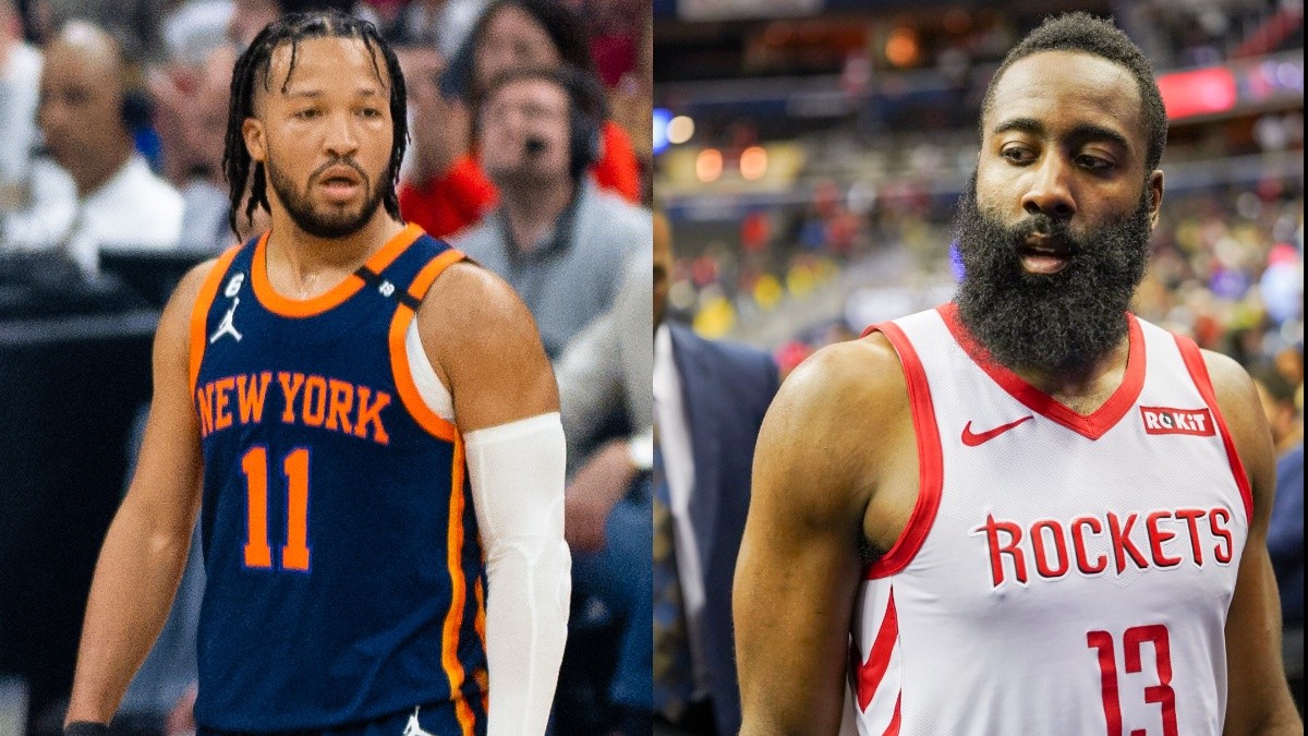 "James Harden looking down" by All-Pro Reels is licensed under CC BY-SA 2.0. and "Jalen Brunson 2023 (cropped)" by Erik Drost is licensed under CC BY 2.0.