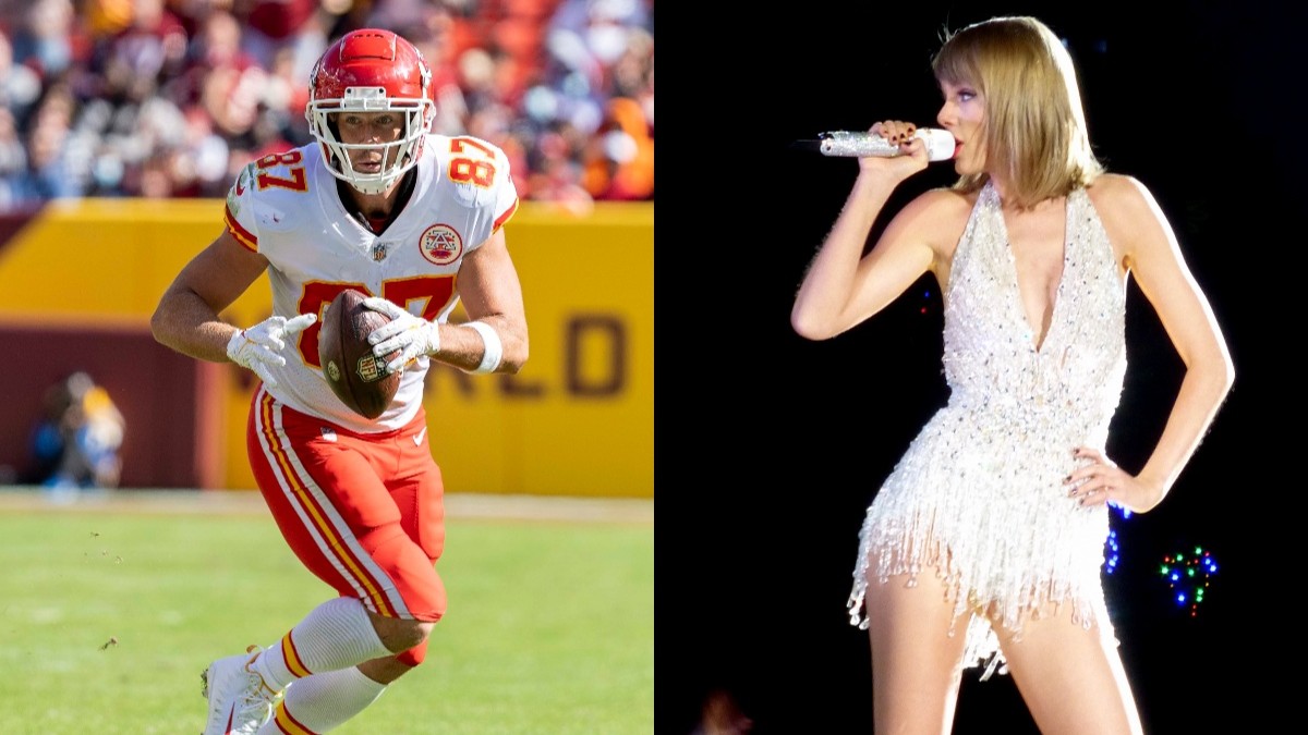 "Travis Kelce" by All-Pro Reels is licensed under CC BY-SA 2.0. and "Taylor Swift 073" by GabboT is licensed under CC BY-SA 2.0.