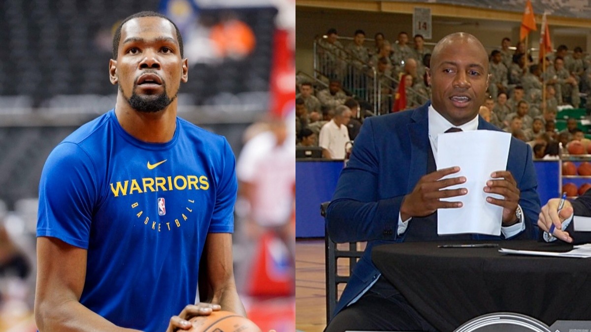 "Kevin Durant (Wizards v. Warriors, 1-24-2019)" by All-Pro Reels is licensed under CC BY-SA 2.0. and "Jay Williams and Kevin Connors - ESPN Armed Forces Classic - Game Day - U.S. Army Garrison Humphreys, South Korea - 9 Nov. 2013" by USAG- Humphreys is licensed under CC BY 2.0.